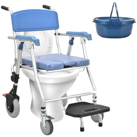 Toilettenstuhl mit Rädern, 3-in-1-Toilettenstuhl mit Rädern, Toilettenrollstuhl, Nachttisch-Toilettenstühle mit feststellbaren Rädern