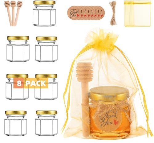 Vitreaux 1.5 oz Mini Glass Honey Jars Party Favors,8 Pack Small Hexagon Glass Honey Jars with Dippers,Lids,Gold Bags,Thank You Cards,Jutefor Baby Shower Favors,Wedding party gift