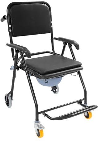 Duschstuhl mit Rollen 150kg - Klappbarer Toilettenstuhl mit 4 Rädern & Bremsen, 50cm Sitzhöhe, Abnehmbarer Eimer für Senioren & Mobilitätseingeschränkte