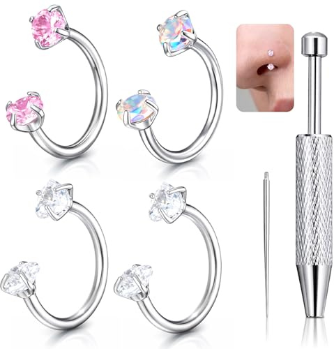 6PCS 18G Horseshoe Nose Ring for Women, Stainless Steel Anti-Sensitive Nose Ring Hoop, Double Gem Horse Shoe Noses Rings for Ear Cartilage, Auricle, Tragus, Lip Studs, Noses Stud, etc. Tools Included