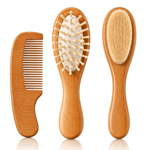3 Piece Baby Hair Brush and Comb Set, Baby Bamboo Hair Brush with Soft Natural Bristles, Baby Hair Comb Wooden Toddler Hair Brush Scalp Brush for Cradle Cap Care, Massage for Newborns, Infant, Toddler