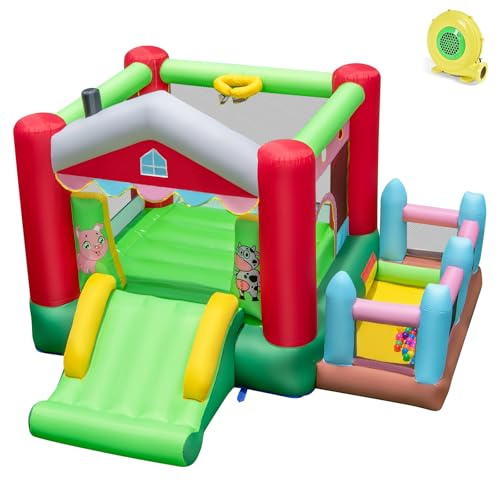 GYMAX Kids Bouncy Castle, Inflatable Jumping House with Slide, Ball Pit Area and Basketball Hoop, Children Bounce Playhouse for Outdoor Indoor (Farm with 480W Blower) | Ball Pit Area and Basketball Hoop, Children Bounce Playhouse for Outdoor Indoor (Farm with 480W Blower)