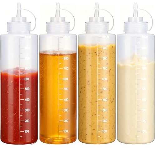 Moorlan 4 Pack Squeeze Bottle - 32oz/1000ML Plastic Squeezy Sauce Bottles with Cap, Squeeze Condiment Bottle Dispensing Ketchup Bottle for Sauce for Ketchup, BBQ, Sauces, Syrup, Dressings