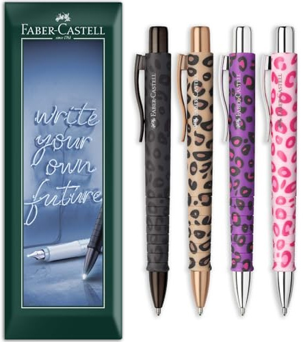 Faber-Castell Poly Ball XB Kugelschreiber Leo Edition – extra breite Spitze – Neuheit Tiermotive, mehrfarbige Barrels, blaue Tinte, Umschlag Geschenkpackung mit 4 Stiften