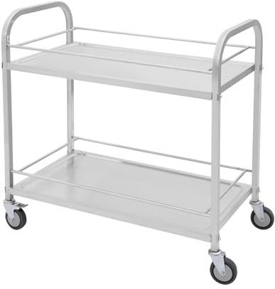 GramStudio Carrello da portata in acciaio inox, 2 piani fino a 75 kg, telaio tubolare rotondo, ruote scorrevoli con 2 frenanti, carrello da cucina per Gastro, hotel, ospedale, scuola