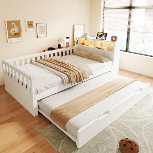 Merax Multifunktionales Holzbett 90x200 cm mit ausziehbarem Bett, Ablage, Staufach, Steckdose, LED & Sicherheitsgitter – Weiß (Ohne Matratze)