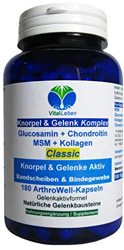 Knorpel & Gelenke Komplex Classic 180 ArthroWell Gelenk-Kapseln – Natürliche Gelenkbausteine Glucosamin + Chondroitin + MSM + Kollagen. 26441