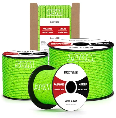 Brotree Paracord 3mm 30M 100% Nylon Seil Paracord 425 mit 3 Kern Schnur | Typ II, 192kg (425lbs) Bruchlast, Spule, Survival, Outdoor, Armband, Basteln