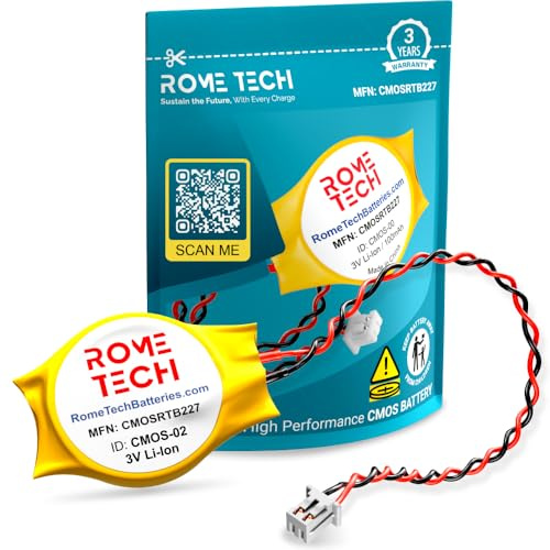 Rome Tech CMOS Battery CR2032 for Dell Precision 7560, 5548, 9100, 9200 - Laptop Backup BIOS RTC 3V - 2 Wire Cable (1-Pack)