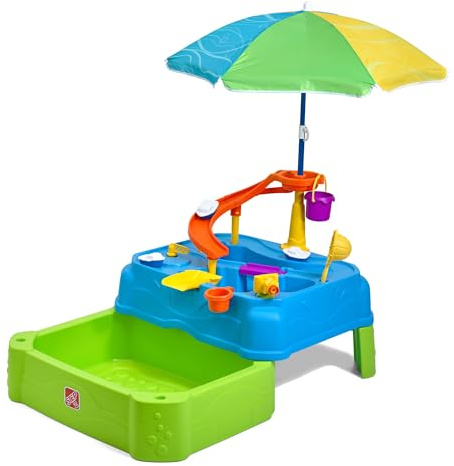 Step2 Waterpark Wonders Two-Tier water table | Water toy for kids with 2 levels and 9 accessories | Includes paddling pool, slide with overflow tray, drawbridge & spray head