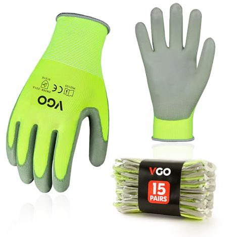 Vgo... Arbeitshandschuhe, PU-Beschichtung auf Polyester, Garten und Arbeitshandschuhe, Multifunktional (PU2103,Gelb,L,15 Paar)
