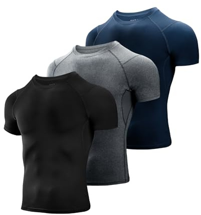 Niksa 3 Pack Tee Shirt Compression Homme Manches Courtes Running Vetement de Fitness Gym Compression Baselayer pour Sports Jogging Musculation, Noir+Gris+Marine, Taille M
