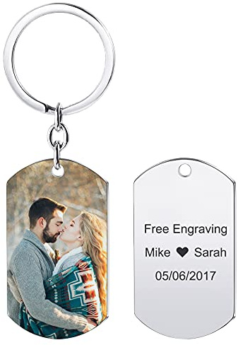 MunkiMix Porte Clef Personnalisable Porte Clé Personnalisé Gravure Photo/Date/Texte Acier Inoxydable Personnalisé Image pour Hommes Femmes