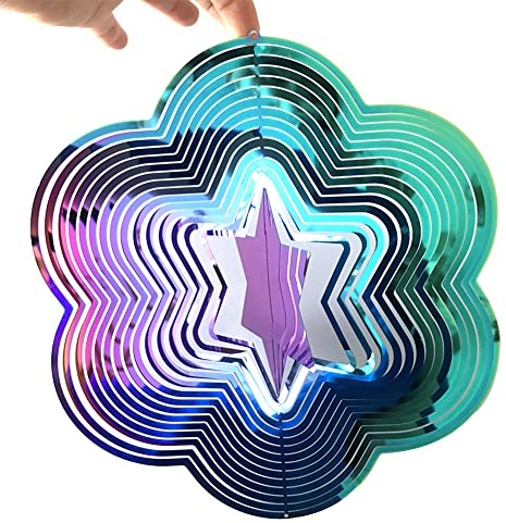 Tiardey 3D Metall Wind Spinner Rotierend Flie?end Lichteffekt Design Windspiele Hausgarten Dekoration Outdoor Geschenk Gl?nzend - Farbe Sechszackiger Stern