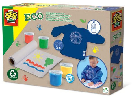 SES Creative Eco Fingerfarben Set mit Bastelschürze - 100% recycelt, diverse Farben