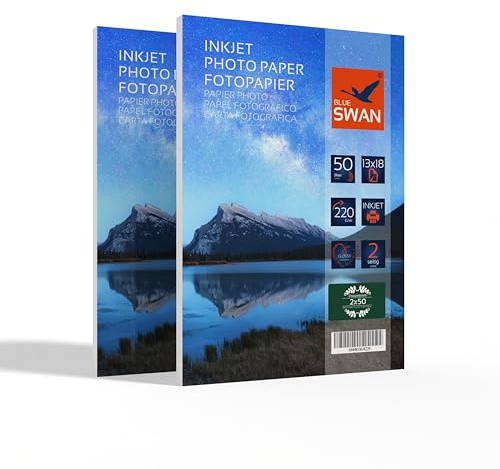 BLUE SWAN Fotopapier 13×18 cm, 220 g/m², 100 Blatt, Beidseitig Hochglanz, Wasserabweisend, Schnell Trocknend, Kratzfest, Kompatibel mit Canon HP Epson Brother Inkjet-Druckern
