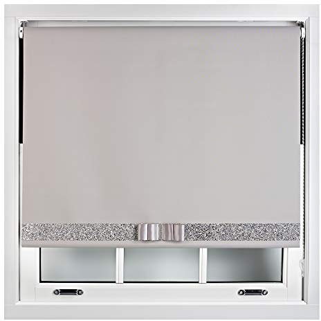 FURNISHED Blackout Roller Blinds Decorative Glitter Fabric & Bow - Trimmable - Grey 135W x 165H cm