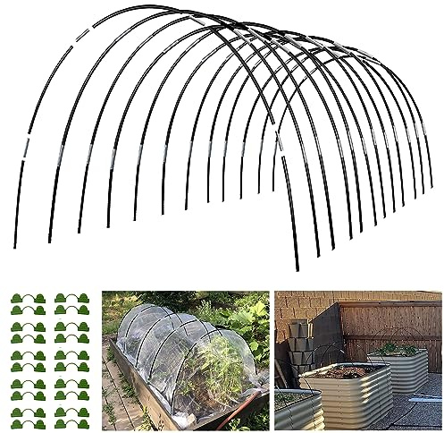 Garden Hoops Grow Tunnel 60 Stück 16 Zoll bis zu 12 Sets von 2.1 m Länge, Fiberglas-Stützrahmen, Gewächshausreifen für Hochbeete mit 50 Stück Metallverbindungsrohren und 40 Klemmen | Rostfreier Fiberglasrahmen für Hochbeete, Gartennetz, kleines Gewächshaus-Set, DIY-Pflanzenstütze Gartenstecker