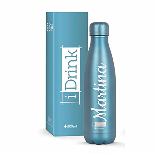 Generico Botella térmica I-drink personalizada metalizada de acero inoxidable personalizable de 500 ml, aislada a prueba de fugas para deportes, niño, niña | 24h frío & 12h cálido (Azurro)
