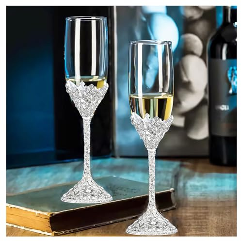 Popgege Set di 2 calici da champagne con base in metallo con pietre di cristallo, bicchieri da sposa e sposo, regalo di fidanzamento per matrimoni, feste, anniversari, Natale, 200 ml