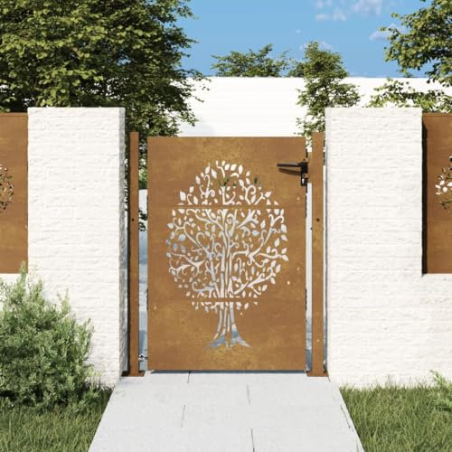 Homgoday Garden Gate, Metal Gate, Garden Gate, Fence Door, Yard Gate, Entrance Gate, Single Gate, Double Gate, Garden Fence, Gate, 105 x 130 cm, Corten Steel, Tree Design