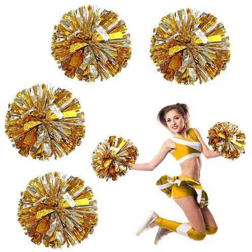 DSLSQD 4 Pack Cheerleading Pom Poms, 8.7 Inch Cheer Pom Poms with Baton Handle Cheerleader Pompoms for Teen Girls School Sports Games Dance Party Cheering (Gold and Silver)