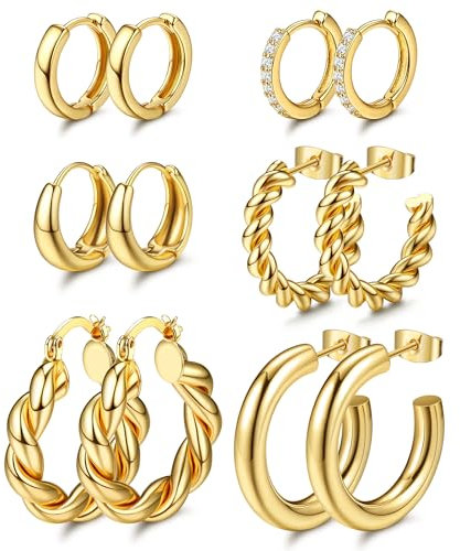 Dochais 6 Paar Gold Creolen Ohrringe Set, Vergoldet 14K, Klein, Hypoallergen mit Zirkonia, Hoop Earrings, Huggie Twist für Damen