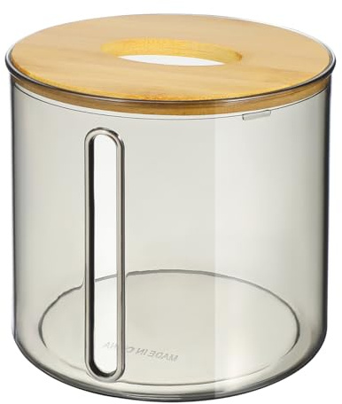 Amosfun Side Drawing Tissue Box with Bamboo Lid Round Facial Tissue Roll Holder Dispenser for Bathroom and Kitchen Tabletop Storage 5.12 Inch Compact Design