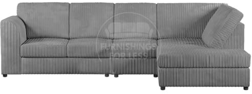 New Luxor Long Fabric Corner Sofa | Soft Jumbo Cord 4-5 Seater Corner Sofa Left hand or Right Hand (Grey, Right Hand Facing - Fullback)