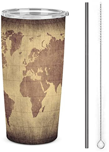 Weltkarte Edelstahlbecher, isoliert, mit Deckel und Strohhalmbürsten, doppelwandiger Reise-Kaffeebecher, 590 ml