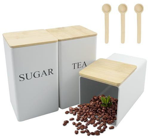 inodiref Set di 3 contenitori per caffè da cucina, elegante contenitore rettangolare con decorazione ermetica e pala per spezie, cereali, caffè, zucchero (bianco)