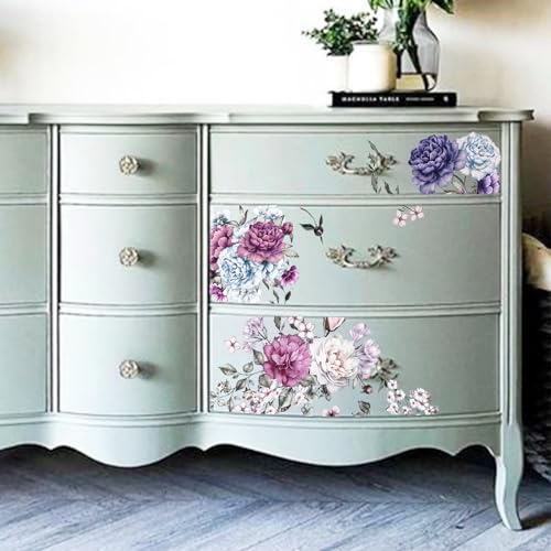 neukids Möbel Transfer Aufkleber Blau Lila Pfingstrose Blumen,29X58CM | Reiben auf Transfers für Kunsthandwerk,UV DTF Aufkleber für Schlafzimmer Wohnzimmer Bücherregal Kleiderschrank Dekoration