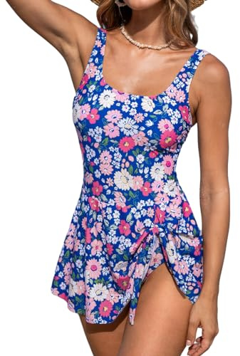 CUPSHE Dambaddräkt Scoop Neck Sarong Badklänning knutar justerbara breda remmar ett stycke badkläder baddräkt, Blå/magenta, M