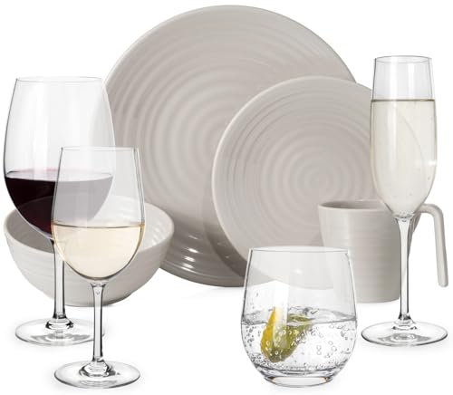 Melamin Camping Geschirr Set 4 Personen Coffee Design 16 Teilig + 16 Timo Gläser Wassergläser Weingläser Champagner-Gläser Flûtes Tafelgeschirr Picknick BBQ Kochgeschirr