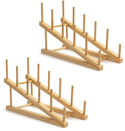 HBlife Bamboo Wooden Dish Drying Rack for Kitchen Counter, 2 PCS Dish/Book/File/Plate/Bowl/Cup/Cutting Board/Pot Lid Organizer for Kitchen, Office, Display Cabinet, Grocery Store, Supermarket