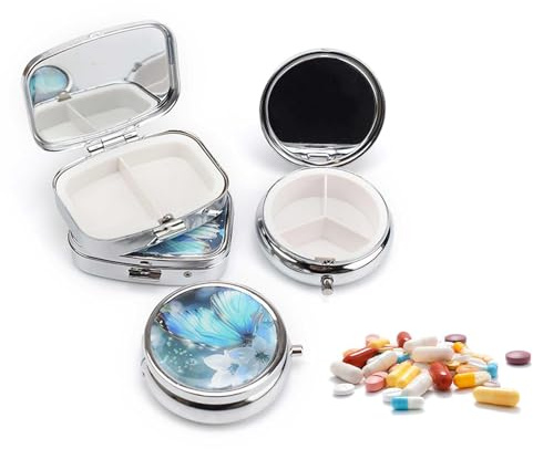 PARFCO 4 Stück Metall Pillendose Klein, Pillendose mit Spiegel, mit Schmetterlingsmuster, Tablettendose für Unterwegs, Rund und Eckig, für Aufbewahrung Medikamenten, Vitaminen, Süßigkeiten