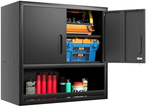 BIZOEIRON Werkzeugschrank Hängend, Metall Wandschrank mit 2 Türen Und Offene Lagerung, Hängeschrank für Garage, Werkstattschrank Wand, Montage Erforderlich, Schwarz