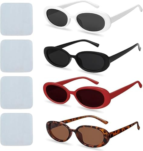 YICH Sonnenbrille Damen Sonnenbrillen 4 Stück Vintage Oval Sonnenbrille Sunglasses Retro 90er Trendy Sonnenbrillen Set Schmale Sunglasse