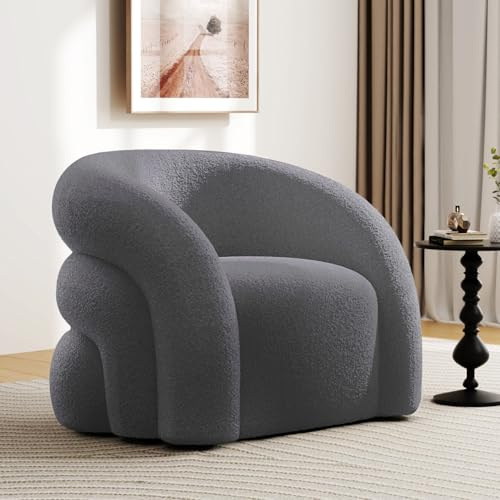 Moderner Boucle-Gewebe Drehsessel – 360° Drehbarer Sessel mit breit gepolstertem, flauschigem Sherpa Armlehnstuhl für Wohnzimmer, Schlafzimmer & Büro,Ohne Montage, Bequemer Lesesessel (Grau, 87 cm)
