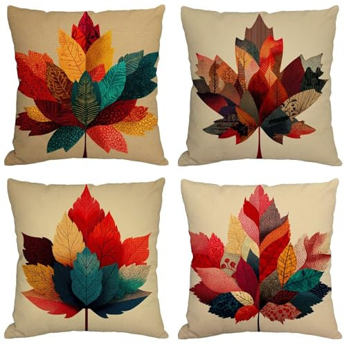 Outdoor Kissen Bunt Kissenbezug 70x70 cm 4er Set Deko Kissen Blätter Sofakissen Wetterfest Leinen Kissenbezug mit Unsichtbarem Reißverschluss Kissenhüllen für Garten Terrasse Sofa Balkonkissen m-65