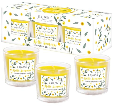 pajoma® Geschenkset Citronella Duftkerzen – 3er Set im Glas | je 50 g | ca. 8 h Brenndauer | Sommerduft & dekoratives Design | Geschenkbox