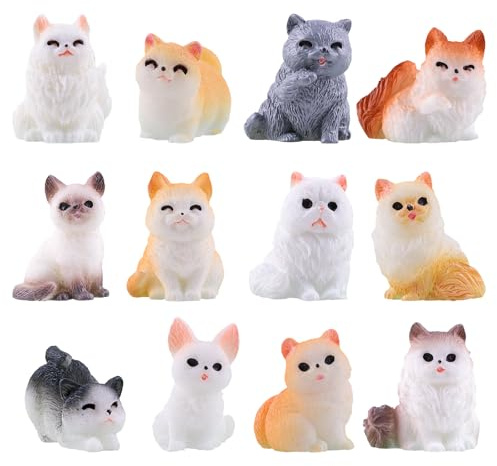ANBOOR Lot de 12 mini animaux en résine - 12 styles - Petites figurines de chats pour jardin féerique - Paysage miniature - Accessoires de maison de poupée - Décoration de cachette