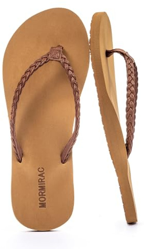 MORMIRAC Womens Slim Braided Comfortable Flip Flops Summer Beach Thong Sandals Arch Support Non Slip,Brown US8