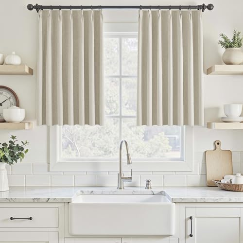 UHITECH Pinch Pleated Short Blackout Curtains 35 Inch Long Natural | Suitable for Small Window/Kitchen/Basement/Living Room, Thermal Insulated, Noise Reducing, UV Protection, Privacy, Modern