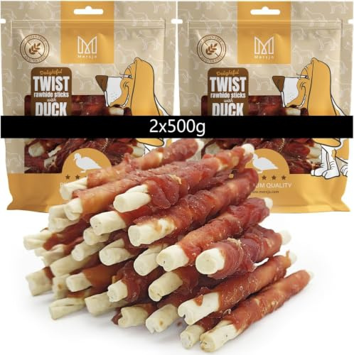 MERSJO Snack per cani Twist - Confezione da 2 bastoncini di pelle grezza con carne di anatra, 2 x 500 g, 12-13 cm, senza glutine, snack naturale da masticare per cane