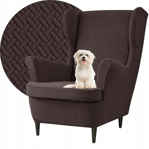 Domidekor Ohrensessel Überzug – Sesselschoner – Sesselbezug Stretch Braun - Strandmon Sessel Bezug – Sesselhusse Elastisch Jacquard Fischgrät Schmutzabweisend - Oeko-Tex 100