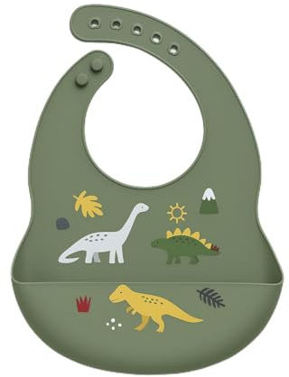 Elite Family Essentials - Bavaglino in silicone, impermeabile, regolabile, per neonati e bambini, motivo: dinosauro, Verde oliva, Taglia unica