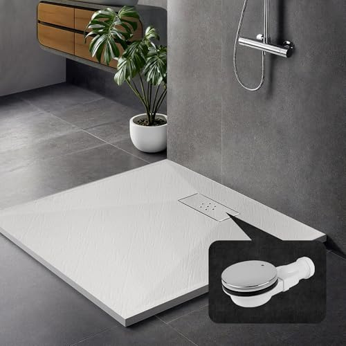 JWS Design Duschwanne Steinoptik SMC Antirutsch flache Duschtasse mit Ablaufgarnitur aus Edelstahl – ultraflach 26 mm – für bodenebene oder Aufputz Montage, Weiß, 80 x 100 cm