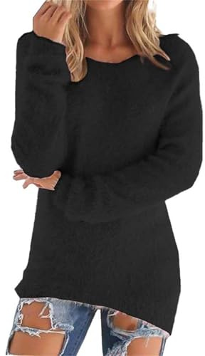 Cocila Pull Femme Hiver Chaud Col Rond Longue Manches Léger Sweatshirt Peluche Chic Et Élégant Décontractés Polaire Moelleux Tunique Loungewear Couleur Unie Blouse Grande Taille Le Noir XXL