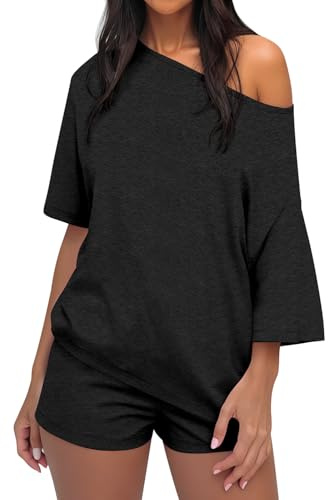 BONITEE Women Shorts Sets Casual Loose One Shoulder Tops Lounge 2 Piece Set Summer Short Sleeve Off Shoulder Shirts Pajamas Black,L